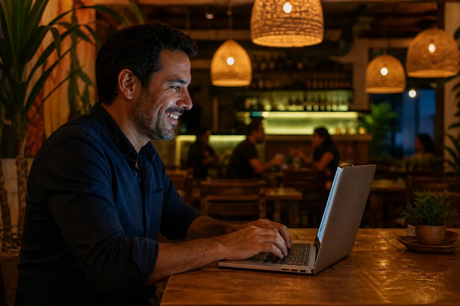 Dono de restaurante sorrindo ao acompanhar o faturamento no notebook