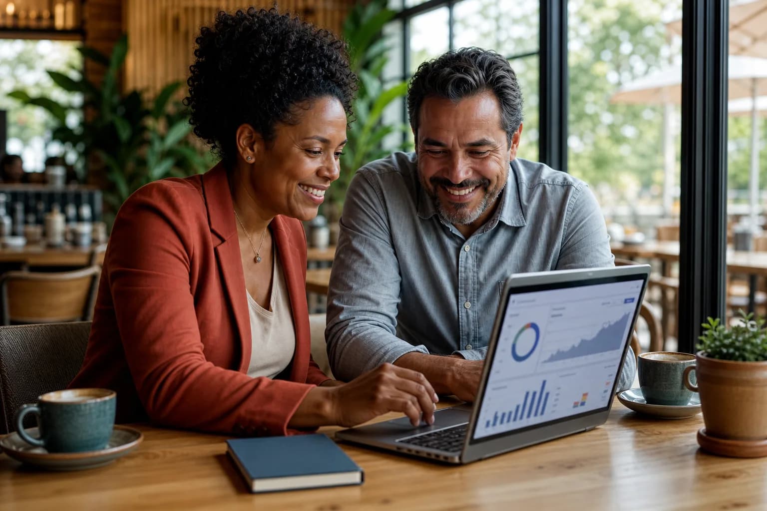 Sócios de restaurante acompanhando juntos os resultados no notebook